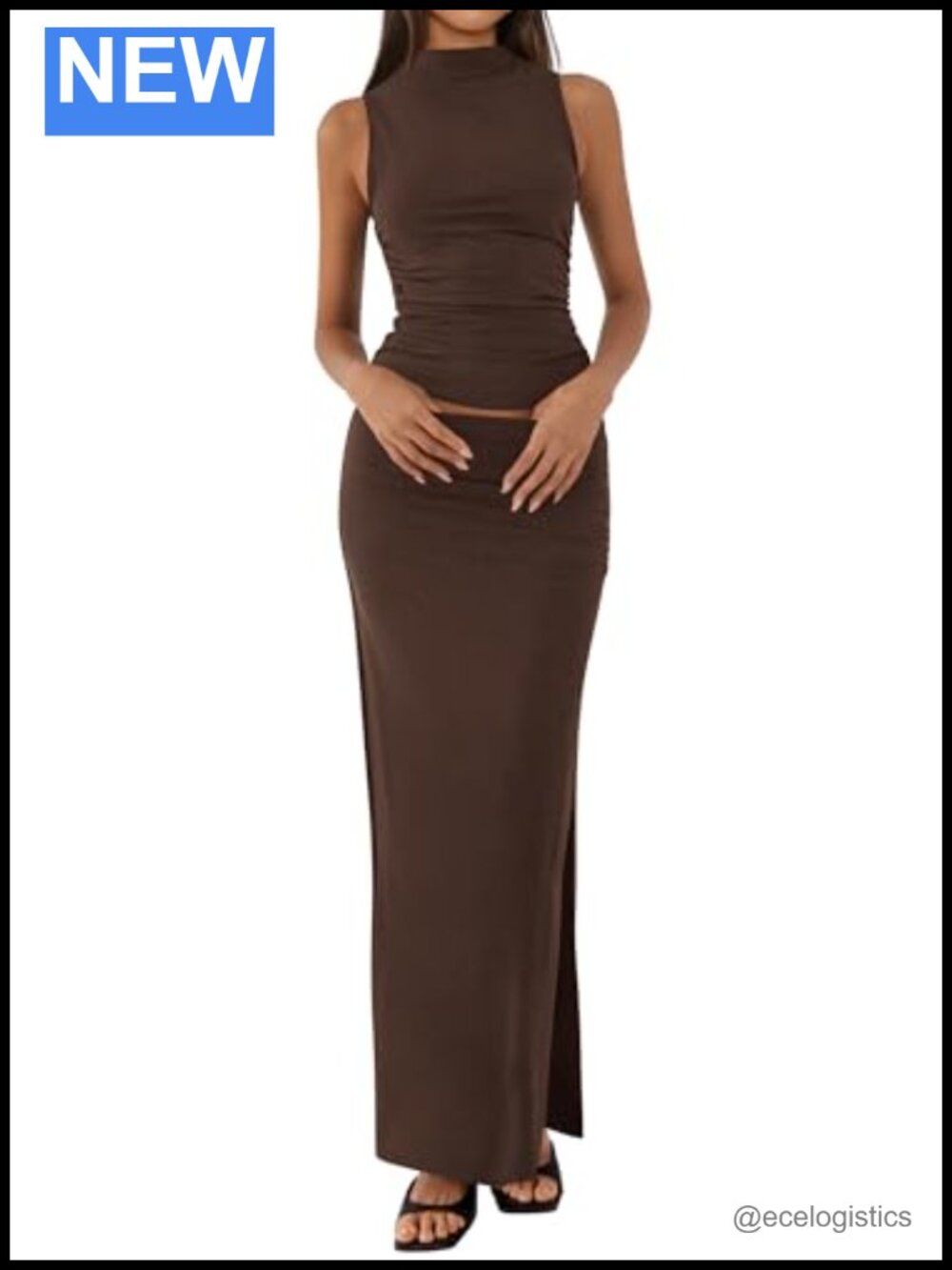 2 Piece Skirt Set Mock Neck Sleeveless Slim Fit Midi